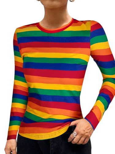 LilyCoco Womens Rainbow Striped Shirt Long Sleeve Colorblock Tops Crew Neck Fitted Tshirts
