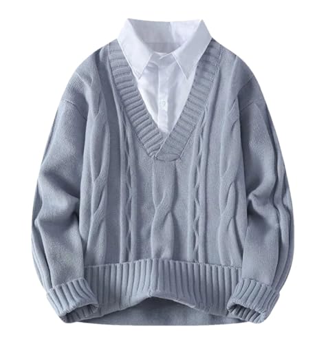 Men's Winter V-Neck Knit Pullover Fake Two-Piece Sweater Fashion Preppy Style Casual Solid Knitwear Top