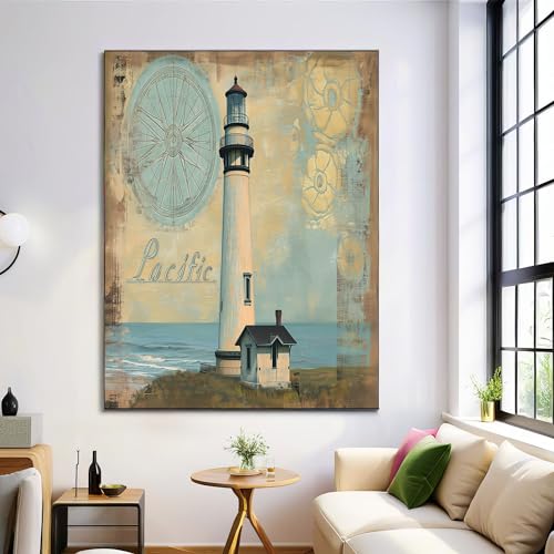 Póster de faro costero vintage para decorar el dormitorio con arte náutico azul