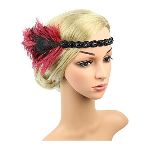 MINTIME Art Deco 1920s Flapper Headpiece Roaring 20s Great Gatsby Feather Headband 1920s Flapper Gatsby Accessories (Red) Cover