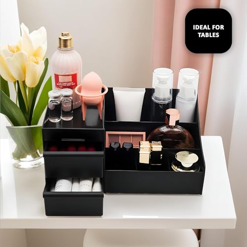 Image of Kuber Industries Multipurpose Plastic Drawer Travel Storage Organizer | Aesthetic Desk Stationary Item & Jewellery Holder for Home & Office | Spacious Cosmetic Organizer Shelf for Women | Black