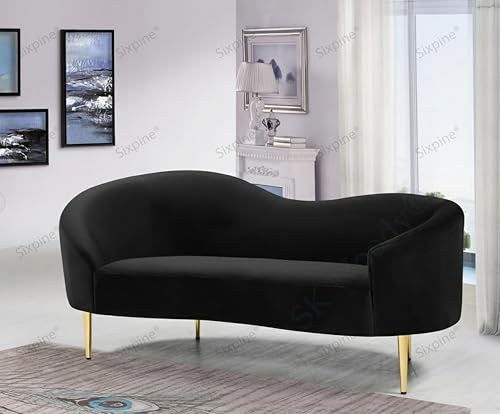 Image of Rosewood Luxury Curved Sofa in Premium Velvet-Fabric | Solid Wood Structure | High Density Foam | Sturdy Golden Legs | Comfortable & Stylish Couch for Living Room (Black, 2 Seater)