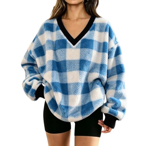 Winter Sweatshirt for Women Flannel Plaid V Neck Oversized Pullover Tops - image 1