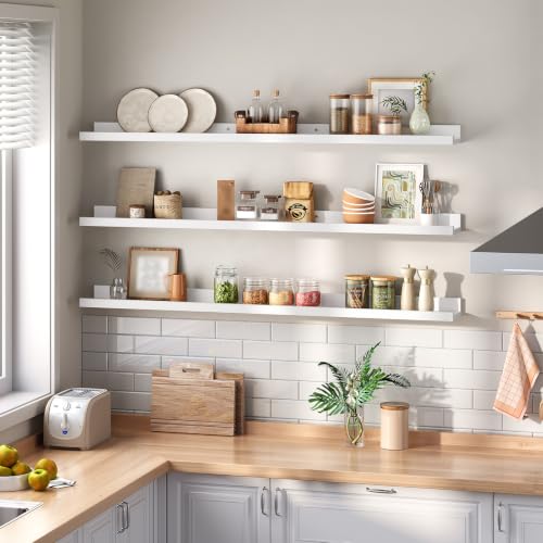 Image of HOOBRO Floating Shelves, Wall Shelf Set of 3, 47.2 Inches Hanging Shelf with Raised Edge and Invisible Brackets, for Bathroom, Bedroom, Kitchen, Office, Living Room Decor, White WT92BJ01