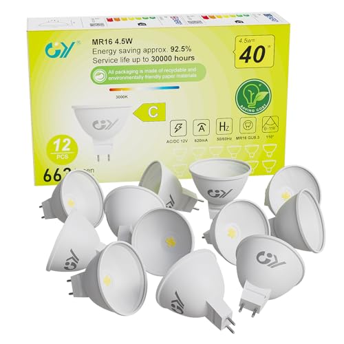 GY GU5.3 LED Warmweiss Lampe, 12V MR16 LED 4,5W 663 Lumen 3000K Warmweiß, 40W lampe ersetzt, AC/DC Flimmerfrei Led, Abstrahlwinkel 120° Leuchtmittel, Nicht Dimmbar Energiesparlampe, 12 stück