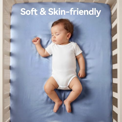 Image of 2 Pack Satin Crib Sheets for Baby Hair Care - Oeko-TEX Certified Silky Soft Fitted Mattress Cover 28x52 - Breathable & Gentle on Skin, Snug Fit for Standard Crib (Light Blue & Haze Blue)