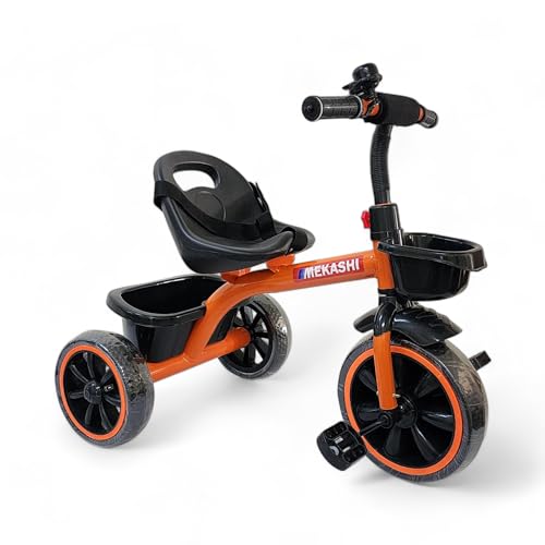 Image of MEKASHI T-001RW Plug N Play Kids Trike /Baby Tricycle, Big Size Storage Basket, Bell, Comfortable Seat with Seat Belt, 12 to 48 Months, Load Upto 35Kg, Easy Assembly, Heavy Guage Steel Frame, Orange