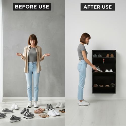 Image of 3 Door Wall Mounted Metal Shoe Rack Cabinet with Lock | Space Saving Shoe Storage Cabinet | Dustproof & Ventilated Shoe Organizer for Home, Entryway, Bedroom & Balcony | Brown | 39 x 21 x 6 Inch