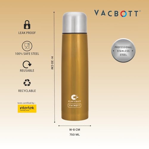 Image of Clay Craft VACBOTT Terra Double Walled 18 Hours Hot and 24 Hours Cold Water Bottle-750ML, 2-Piece(Gold) Leak Proof|Easy to Carry|Gym Bottle|Home|Kitchen|Hiking|Travel Bottle|BIS Certified