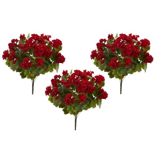 Nearly Natural Geranium Artificial Bush UV Resistant Set of 3 (Indoor/Outdoor) Red 15Dx15Wx19H