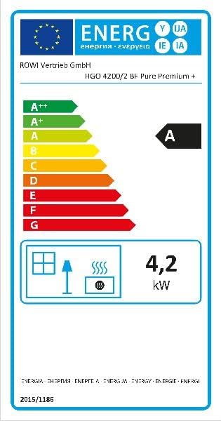 EU Energy Label for ROWI HGO 4200/2 BF Pure Premium+ showing an A energy efficiency rating and 4.2 kW heat output.
