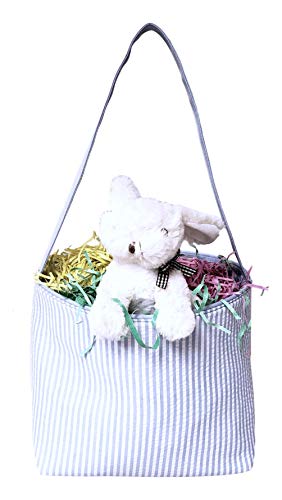 SONA G DESIGNS Seersucker Medium Fabric Easter Basket Bucket Tote Bag (Blue - Monogram)4