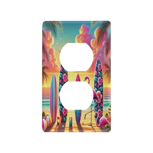 Surfboard Tropical Beach Light Switch Cover Decorative Receptacle Outlet Wall Plate Guard Plastic Outlet Covers for Home Decor Room Office Bathroom (Duplex Outlets Cover)