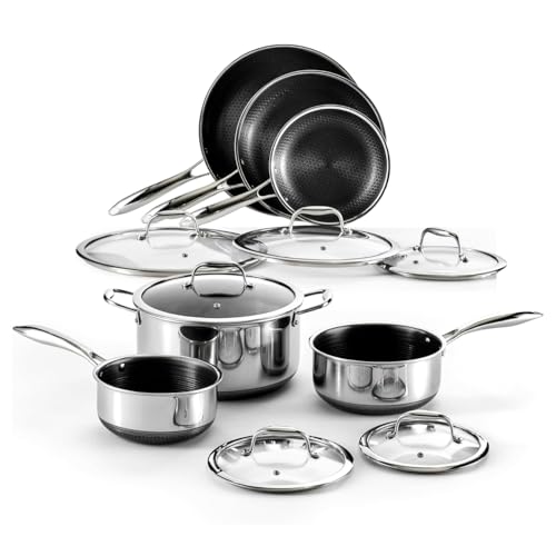 HexPro 13-Piece Stainless Steel Hybrid Cookware Set Tri-Ply Nonstick Frypans Milk Pots Soup Pot & Lids Stay-Cool Handles Scratch-Resistant Dishwasher Oven & Induction Safe.