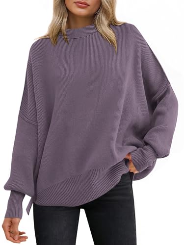 Image of ANRABESS Women Oversized Sweaters Batwing Long Sleeve 2026 Fall Outfits Crewneck Casual Knit Side Slit Fashion Pullover Top