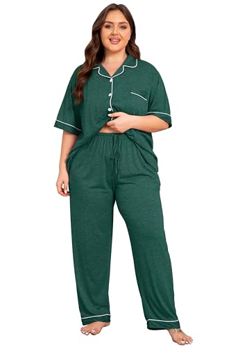 Image of Vozanet Women Plus Size Pajamas Button Down Rayon Softness PJS Classic Sleepwear Short Long Loungewear 2pcs with Pockets