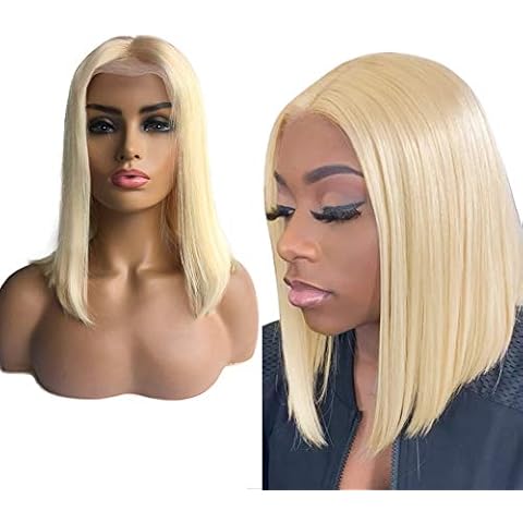 Valiilo Blonde Lace Front Wigs Short Bob Wig Human Hair Wigs Straight Brazilian Remy Bob Wigs Middle T Part 613 Lace Wig Deep Parting Blunt Cut Bob Wig Pre Plucked with Baby Hair(14",150% Density) Cover