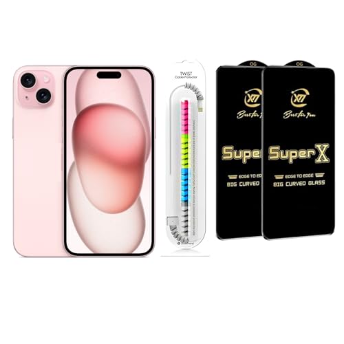 Image of Edge To Edge Tempered Glass Screen Protector Compatible With iPhone 15 Plus, 9H Hardness, Anti-Fingerprint, FHD Clear With Cable Protector Pack 2