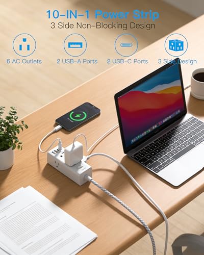 Image of Flat Plug Extension Cord 6 Ft, One Beat 6 Feet Surge Protector Power Strip with 6 Widely Outlets 4 USB Ports (2 USB C), 3 Way Wall Outlet Extender Extension Cord for Home Office College Dorm Room