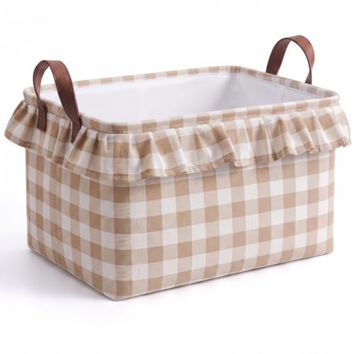 Image of Boao 1 Pcs Brown Ruffled Gingham Canvas Basket, Rectangular Organizing Decorative Storage Basket with Handle, Cute Farmhouse Home Decor for Nursery Room Bathroom Living Room