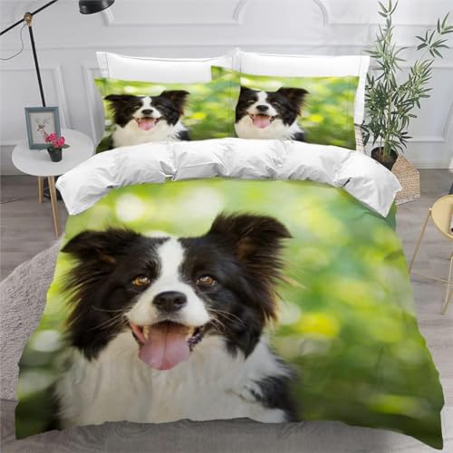 Housse de couette 140x200 Border Collie douce en microfibre 3D avec fermeture éclair