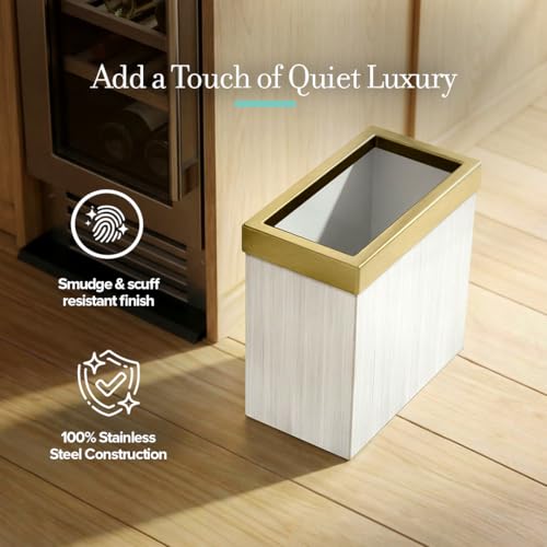 Image of Gatco Modern Rectangle Wastebasket, White Oak /Brushed Brass Lid - Stainless Steel Trash Can with Removable Lid, Leakproof, 3 Gallon Capacity for Bathroom, Bedroom, Kitchen, or Office