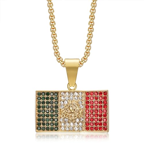 18K Gold Plated Mexico Flag Pendant Punk Rock Stainless Steel Necklace, 24 Inch Chain Hip Hop Jewelry Gift for Men Women