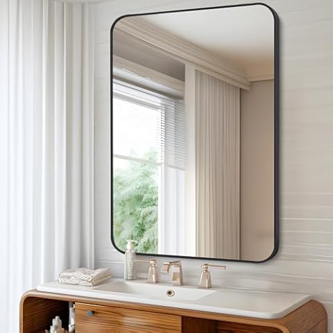 COFENY Black Bathroom Mirror, Rectangle Frame Mirror, 24x36 Wall-Mounted Mirror with Rounded Corner Mirrors for Bathroom Bedroom Living Room, Hangs Horizontal or Vertical Cover