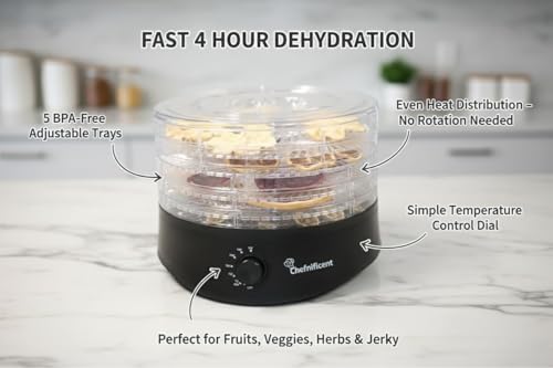 Food Dehydrator DryMax 280 – 5 Tray Adjustable, BPA-Free – 4-Hour Quick Drying, Even Heat, Easy Temp Control – Fruit, Veggie, Meat Jerky Maker (Black)