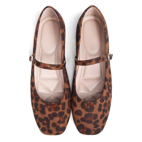 Stunner Women's Mary Jane Ballet Flats Fashion Square Toe Ankle Strap Flats Comfortable Casual Slip On Dress Shoes Leopard 44(10.5) 24