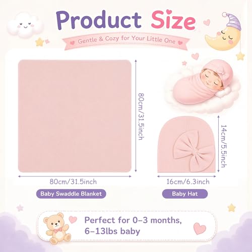 Image of Ramede 6 Set Baby Swaddle Blanket and Hat, 100% Cotton Newborn Receiving Blanket Wrap with Headband, 31.5 inch Soft, Breathable for Girl Boy Nursery Sleep Cradle Sheet Breastfeed Cover(Simple,Pink)