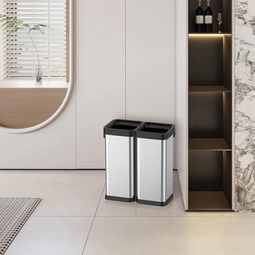Image of Fashionwu 60L /16 Gallon Kitchen Trash Can, Double Compartment Open Top Lidless Trash Can, Stainless Steel Trash Can and Recycling Bin, Suitable for Kitchen, Office, Dining Room, Living Room
