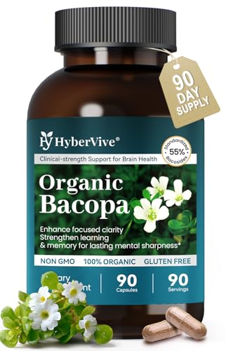 HyberVive Bacopa Monnieri Supplement 300MG Organic Nootropic Bacopa Extract  55% High Potency Bacosides Brain & Memory Supplement for Focus and Cognitive Support Made in USA 90 Capsules