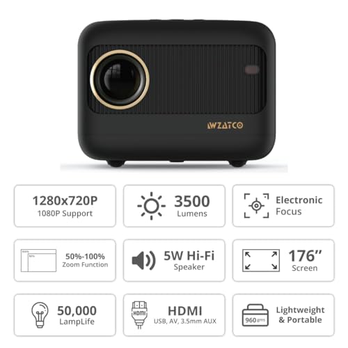 Image of WZATCO Eve | 720P Native Projector for Home | 1080P Full HD Support | Electronic Focus | Bluetooth 5.0 | 3500 lumens (350 ANSI) | 5W HiFi Speaker | 176 inch Screen | Compatible with 4K TV Stick. PC