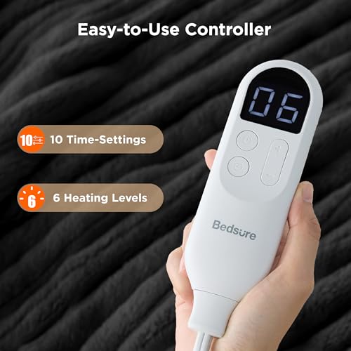 Image of Bedsure Electric Blanket Twin - Thick Striped Flannel Electric Blanket, Heating with 10 Time Settings, 6 Heat Settings, and 8-Hour Timer Auto Shut Off, Gifts for Grandma (62x84 inches, Black)