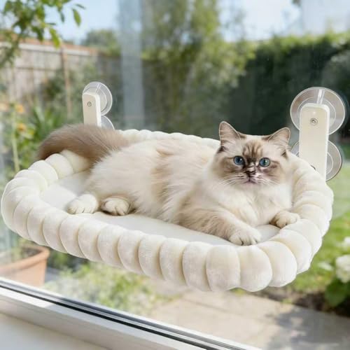 Katzen Fensterliege, Klappbarer Katzenbett Fenster Katzenliege Fensterbank Hängematte mit 4 Saugnäpfen, Abnehmbarem Wendebezug, Weicher Plüsch, Waschbares Bett für große Katzen & Kätzchen (Weiß)