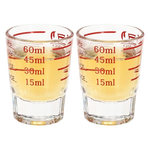 PATIKIL Vaso de chupito medidor, 2 unidades de 60 ml, redondos, transparentes, pesados, vaso medidor, vaso de chupito espresso con 4 tipos de escala para café expreso, líquido, herramientas de cocina,