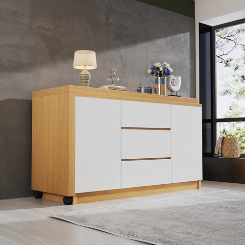 Doyisy Faltbarer Schreibtisch mit feststellbaren Rollen, 4 cm dickere, drehbare Tischplatte, fest arretierbar, weiß/Eiche, Eckschreibtisch, Sideboard,Dicke Materialie