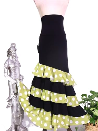 OPIGJUFD Falda de Baile española Falda Flamenca española Entallada de algodón Modal Rojo combinada con Falda Encaje Negro para Rendimiento(S)