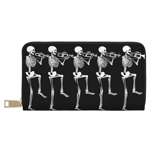 Leather Wallet for Women Ladies Novelty Printed Around Zipper Long Wallet Phone Purse Credit Card Holder, Halloween Posable Skeleton Skull
