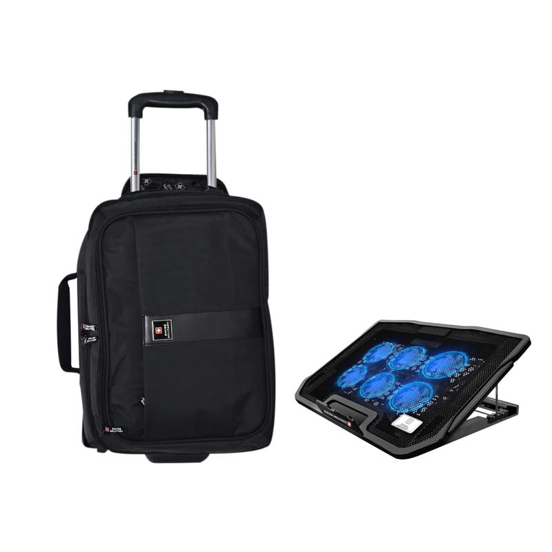 Swiss Military Combo of Luggage Bag, Cabin Luggage, Overnighter Trolley Bags | Ergo 360° Wheels, Telescopic Handle, 23L, Black, Laptop Stand with Cooling Pad, Laptop Stand for Desk, Mesh Body