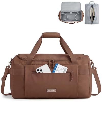 Image of BAGSMART Travel Duffel Bags with Dividers, 32L Gym Duffle Bag with Laptop Compartment, Carry On Weekender Overnight Bag, Shoe Bag, PVC Wet Pocket, Dark Brown
