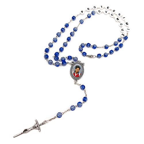 HOLYFAMILY Chapelet Beato Carlo Acutis avec des grains en forme de rose bleu avec la phrase partout Protéger et la Croix de Jésus fait à la main / Collier ras du cou Cover