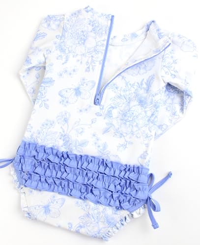 Image of RuffleButts Baby Girls UPF 50+ Sun Protection Floral Printed Long Sleeve One Piece Rash Guard Swimsuit with Zipper