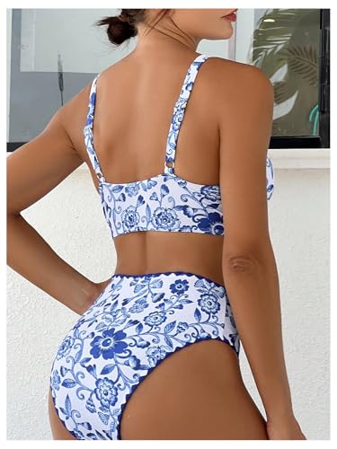 SweatyRocks Women's 2 Piece Bathing Suit Floral Print V Neck Bikini Swimsuit Tie Front High Waisted Bikini Set2