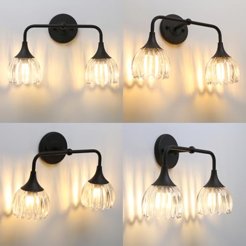 Image of Phansthy Bathroom Vanity Light Fixtures, Hardwired 2-Light Modern Sconces Wall Light Over Mirror with Clear Tulip Glass Shade for Bedroom Living Room Hallway Kitchen (Black + Clear Shade)