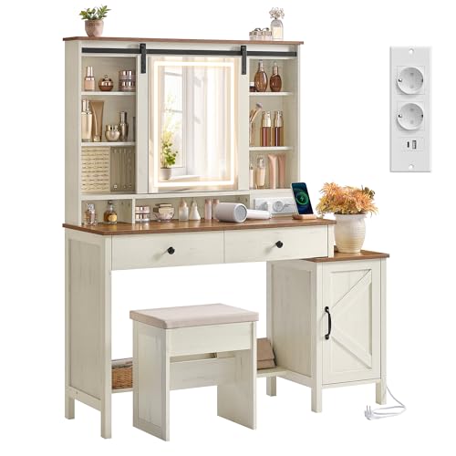 VASAGLE LIRY Colección - Tocador con Espejo y Luz, Mesa de Maquillaje de Granja con Taburete, Estación de Carga, 2 Cajones, Organizador Joyas, Blanco Rústico y Marrón Miel RDT136W01
