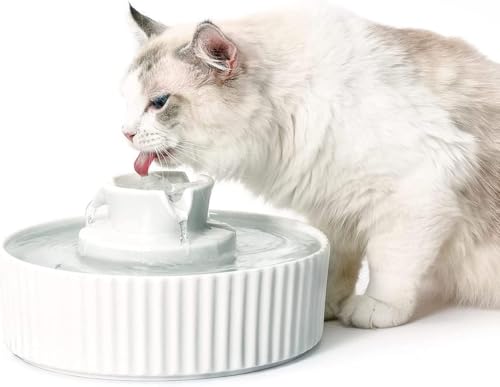 2.1L Ceramic Cat Water Fountain for Cats and Dogs-360° Ceramic Pet Fountain-70 Oz Large Water Capacity- Whisper-Quiet Water Flow-Great for Shy or Timid Pets- Fresh-Filtered Water