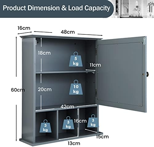 CASART Wall Mounted Bathroom Cabinet, Single Door Storage Mirrored Cupboard with Adjustable Shelf and 3 Open Compartments, Wooden Mirror Organizer for Bedroom, Living Room, Bathroom (Grey) (Grey)