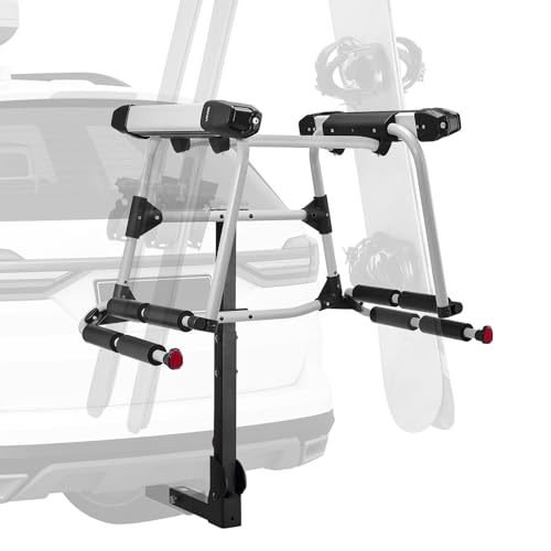 VEVOR Hitch Mounted Ski & Snowboard Rack, Fits 2-Inch Receiver, Carries up to 6 Pairs of Skis or 4 Snowboards, Hitch-Mounted Rack for Car with Key Lock, Security Strap, Tilt Access, Rubber Padding